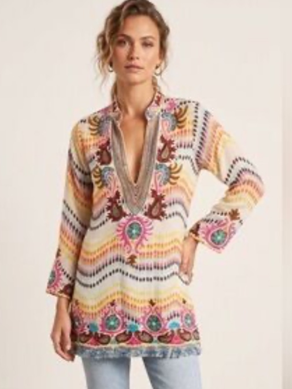 Taj By Sabrina Crippa Resort Wear 100% Silk Multicolor Beaded Tunic Dress